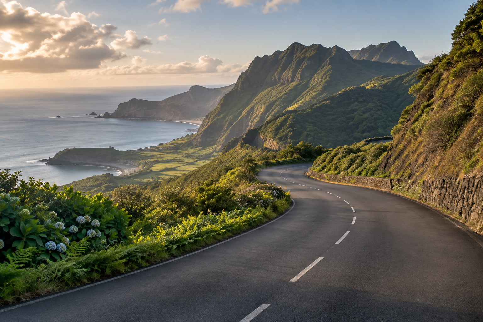 Route au cœur d'un paysage insulaire verdoyant